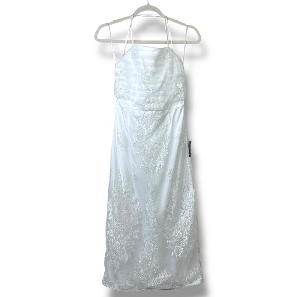 Lulus NWT Celebratory Beauty White Mesh Embroidered Sequin Lace-Up Midi Dress - Picture 3 of 10